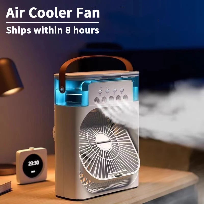 Nuovo raffrescatore d’aria 3 in 1: ventilatore domestico compatto con luce notturna LED integrata, funzione umidificatore portatile e regolazione del flusso d’aria, ideale per casa e ufficio.