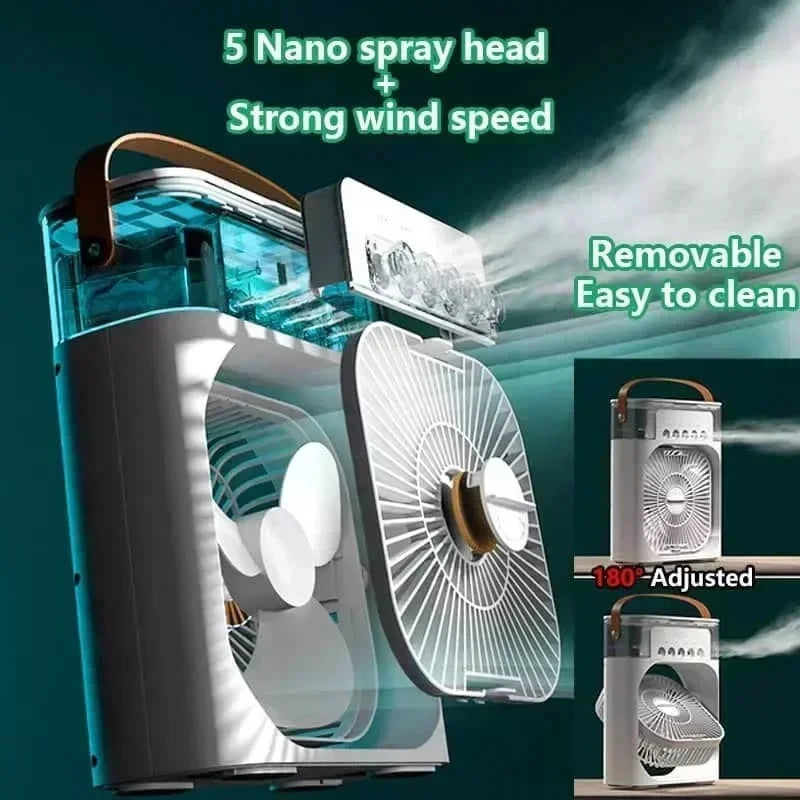 Sei stanco del caldo distruggente dell’estate? Nuovo raffrescatore d’aria 3 in 1: ventilatore domestico compatto con luce notturna LED integrata, funzione umidificatore portatile e regolazione del flusso d’aria, ideale per casa e ufficio.