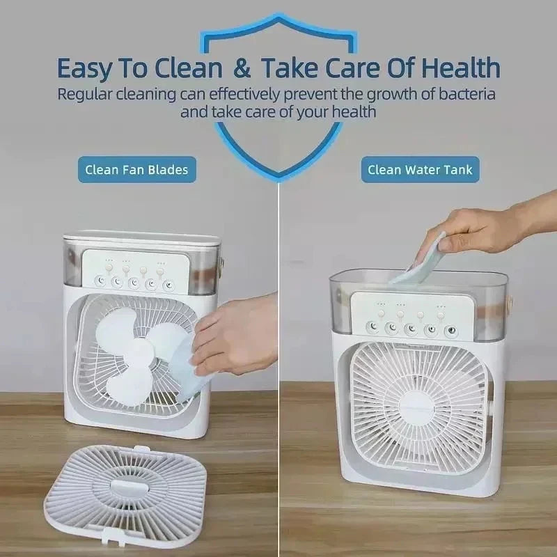Sei stanco del caldo distruggente dell’estate? Nuovo raffrescatore d’aria 3 in 1: ventilatore domestico compatto con luce notturna LED integrata, funzione umidificatore portatile e regolazione del flusso d’aria, ideale per casa e ufficio.