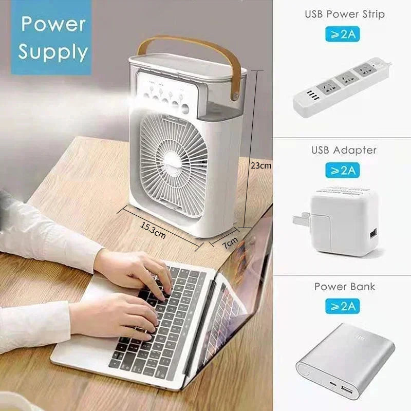 Nuovo raffrescatore d’aria 3 in 1: ventilatore domestico compatto con luce notturna LED integrata, funzione umidificatore portatile e regolazione del flusso d’aria, ideale per casa e ufficio.