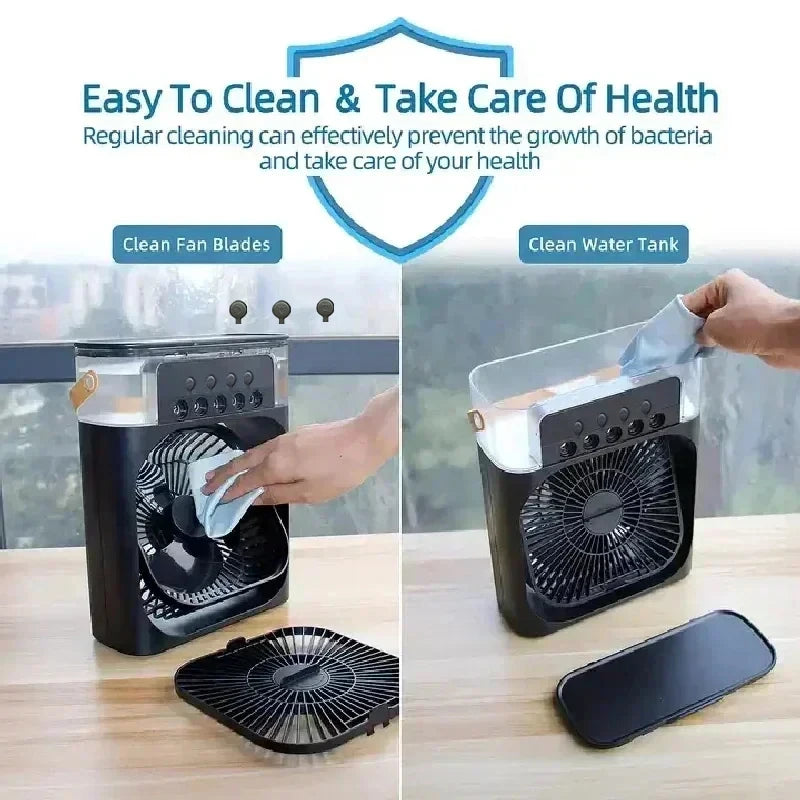 Sei stanco del caldo distruggente dell’estate? Nuovo raffrescatore d’aria 3 in 1: ventilatore domestico compatto con luce notturna LED integrata, funzione umidificatore portatile e regolazione del flusso d’aria, ideale per casa e ufficio.